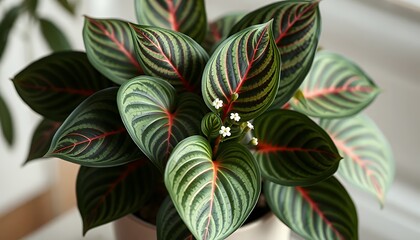Philodendron Jungle Fever Plant with Patterned Leaves Displayed Against Blurred Window Background with Ornamental Appeal and Indoor Aesthetics Close Up