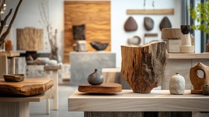 Fototapeta premium Interior display of handcrafted wooden sculptures and natural textures in artisan gallery