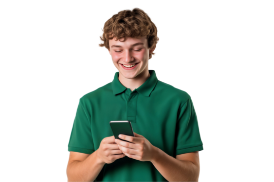 Young man texting on smartphone with happy expression, isolated on transparent background