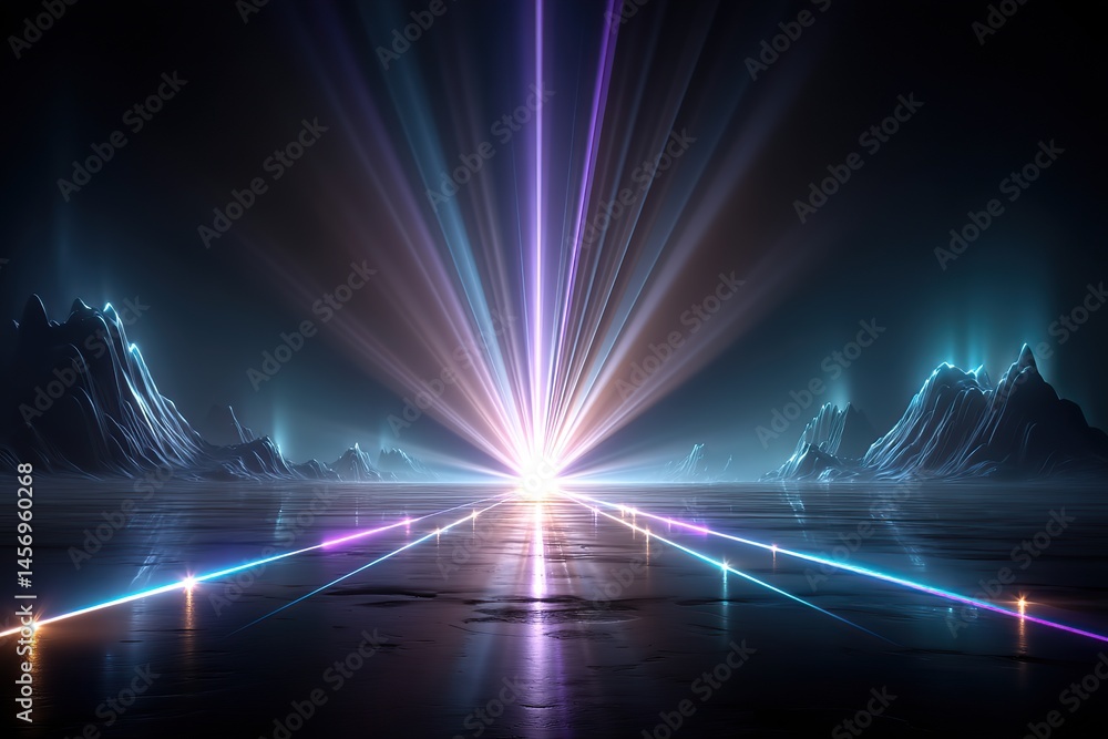 Poster vibrant abstract spectrum radiating from a central point in a surreal landscape at twilight