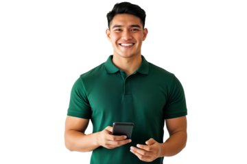Smiling young man in a green shirt holding a smartphone, isolated on transparent background