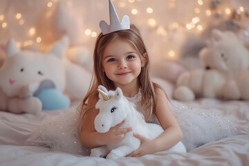 Child girl with crown embraces a soft unicorn toy in a cozy room filled with plush animals