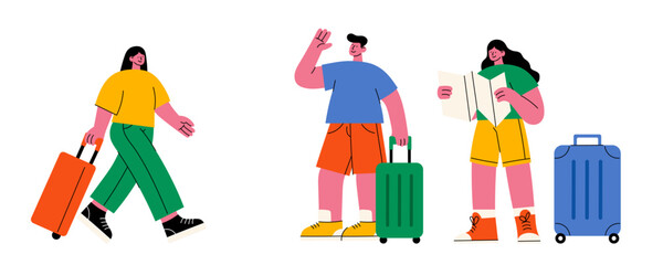 Tourist characters with luggage – Flat vector illustration of happy travelers with suitcases, map, and travel outfits. Vacation, trip, and journey concept on white background © Ira