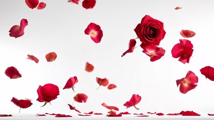A bunch of red rose petals falling down on a white surface.