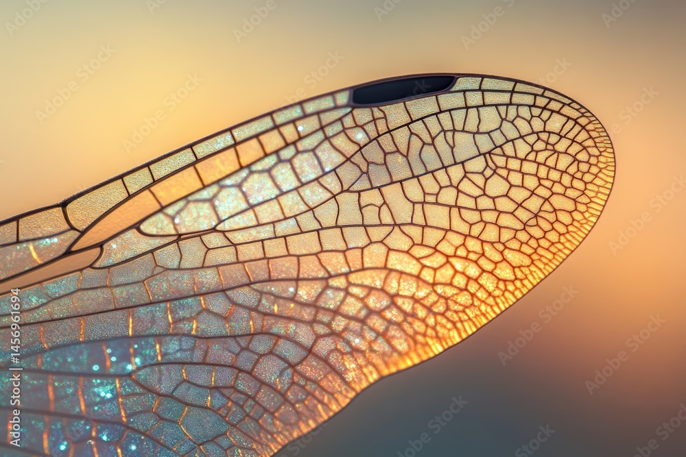 Aufkleber macro view of a dragonfly wing with intricate cell structure illuminated by golden light, showing de