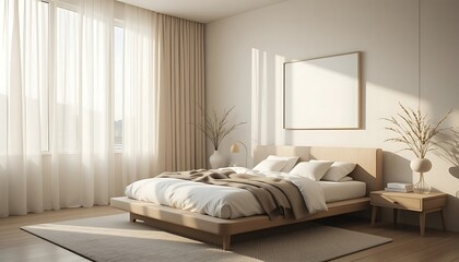 Bedroom interior with bed, frame and bedside table