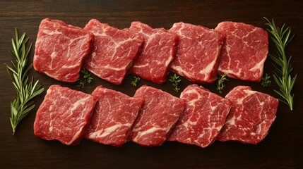 Fototapeta premium Fresh beef cuts arranged on a dark surface