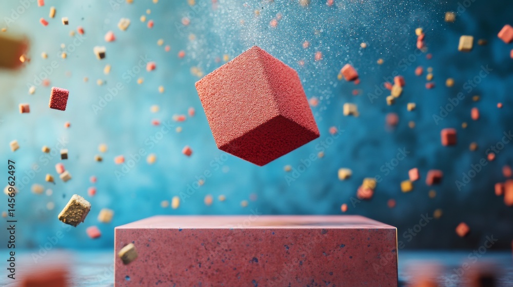 Poster abstract floating red cubes and particles in surreal blue void with futuristic lighting effect