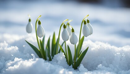Fototapeta premium White Snowdrop Flowers Blooming Among Snow in Serene Winter Landscape with Green Stems Symbolizing Hope Purity and Renewal Against Bright Sunlight Perfect for Decoration