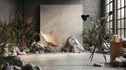 Photography studio scene with natural light, backdrops and indoor plants in creative setting