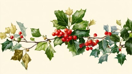 Joyful Holiday Flora: Holly and Ivy Sprig with Berries for Festive Decorations