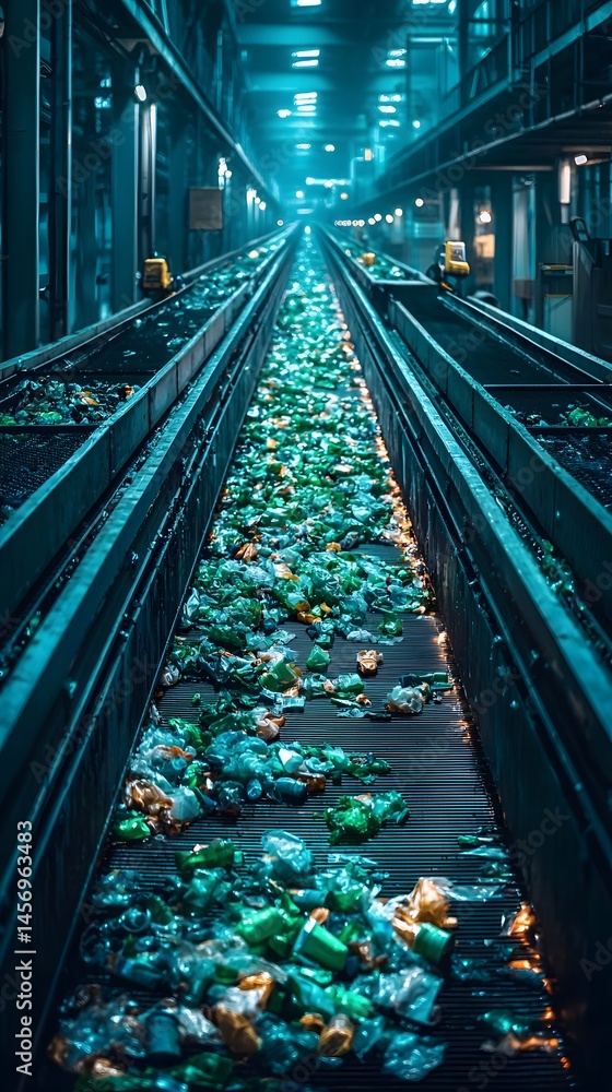 Poster efficient recycling facility with conveyor belts transporting sorted garbage