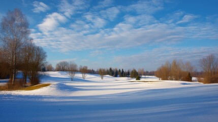Serene Winter Golf Course: A Beautiful Countryside Scene with Cold Blue Skies and Soft Cloud Cover