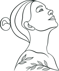 Woman looking upward with leaves, natural organic skincare face line art drawing. 