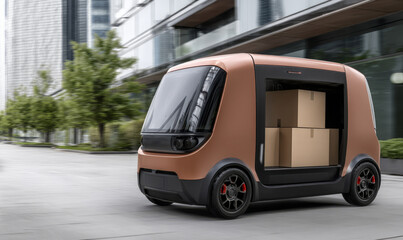 Obraz premium Futuristic Autonomous Delivery Vehicle Showcasing Innovative Design and Smart Technology in Urban Setting