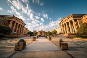 Obraz premium Iconic Philadelphia Art Museum Entrance Amidst Urban Landscape - A Centerpiece of American Architecture and Culture