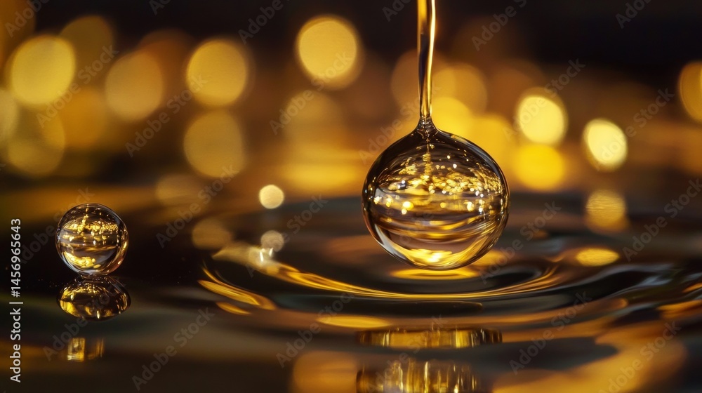 Poster golden drop of liquid creating ripple over smooth surface in macro abstract lighting
