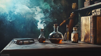 Dark apothecary table with potions, candles and vintage books in smoky background