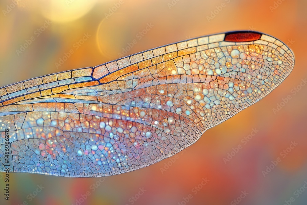 Poster close-up of a dragonfly wing showing intricate cellular patterns with a vibrant, sparkling, iridesce