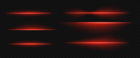 Glowing red laser line on dark backdrop with flare and glare. Abstract neon light streak for tech or sci-fi design themes