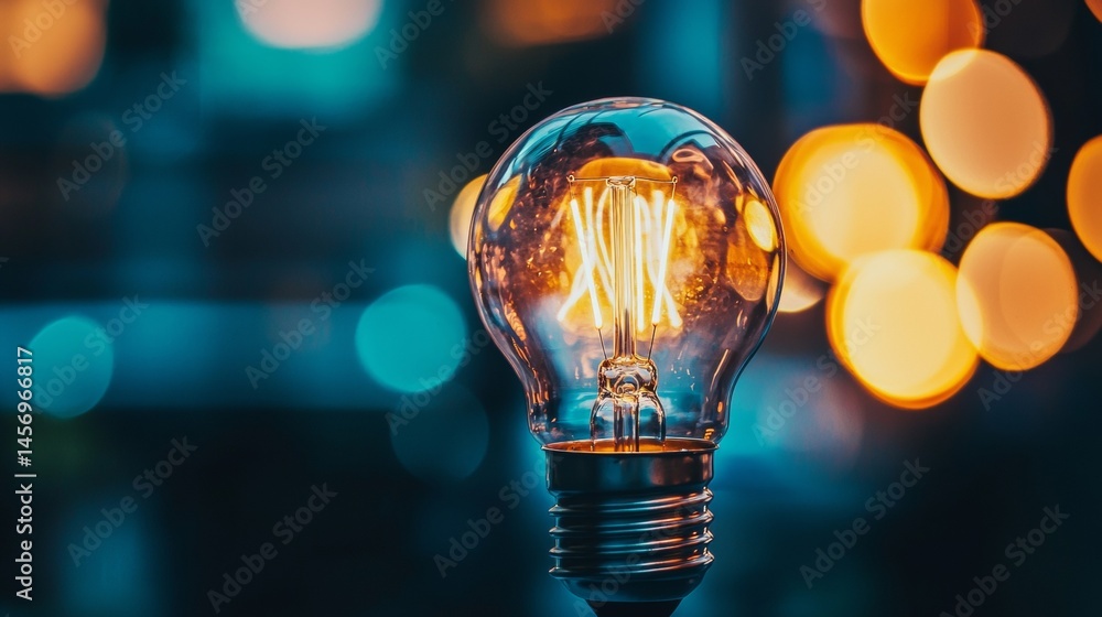 Poster creative macro shot of glowing light bulb with bokeh background in warm tones