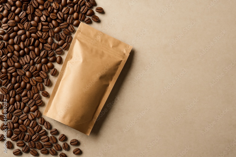 Poster coffee beans spilling from a brown bag on a beige surface creating an inviting atmosphere for coffee