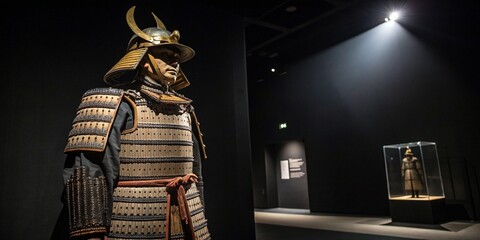 Samurai armor displayed on black background, spotlight focused, cultural heritage theme