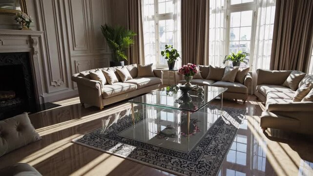 Sunlit luxury living room with elegant decor and comfortable seating arrangement