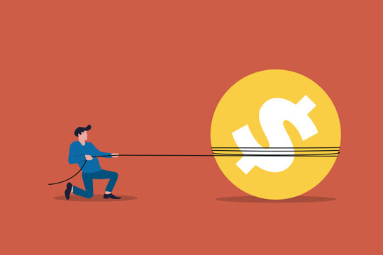 Businessman pulling a giant dollar coin. concept of attracting investments, start up, and increase revenue