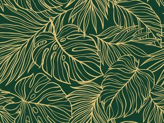Vector Illustration Background Featuring A Seamless Pattern Of Tropical Leaves Drawn With Gold Lines On A Rich Dark Green Backdrop, Creating A Luxurious And Elegant Natural Design © vik_y