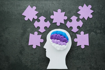 Human brain in bright colors as a symbol people with with puzzle pieces on a concrete background. Mental health problems and memory challenges.