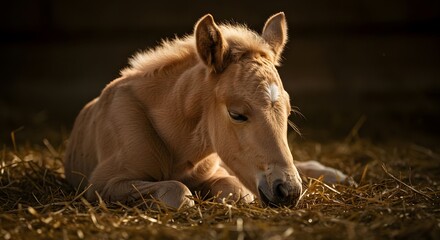 Sleeping Palomino Foal Resting Peacefully on Straw Bedding Inside Barn