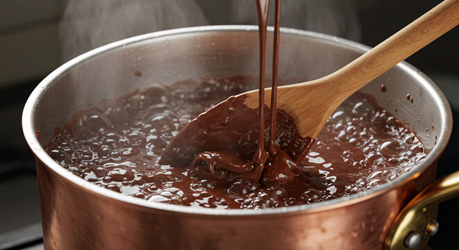 Chocolate tablea being stirred into boiling water, bubbles foaming and brown richness swirling in traditional copper pot in 4K

