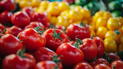 Close-up of ripe red tomatoes on market stall with vibrant yellow tomatoes in background
