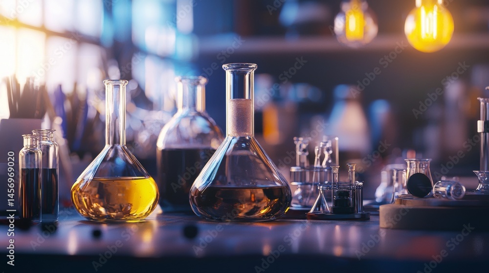 Aufkleber science lab table with flasks filled with colorful liquids and glowing warm lights in background