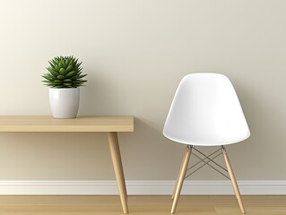 Empty light beige room interior with simple wooden table and chair.