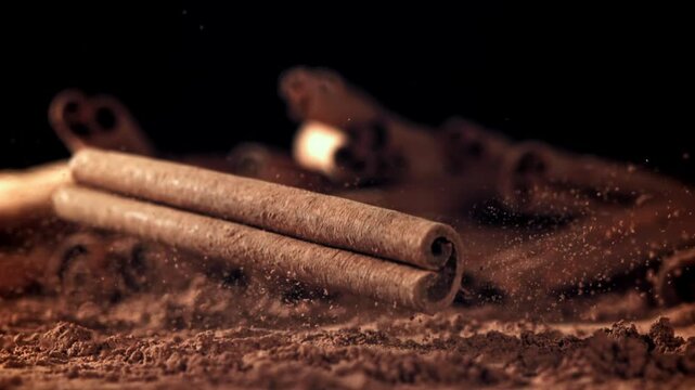A cinnamon stick falls into the ground cinnamon. Filmed on a high-speed camera at 1000 fps. High quality FullHD footage