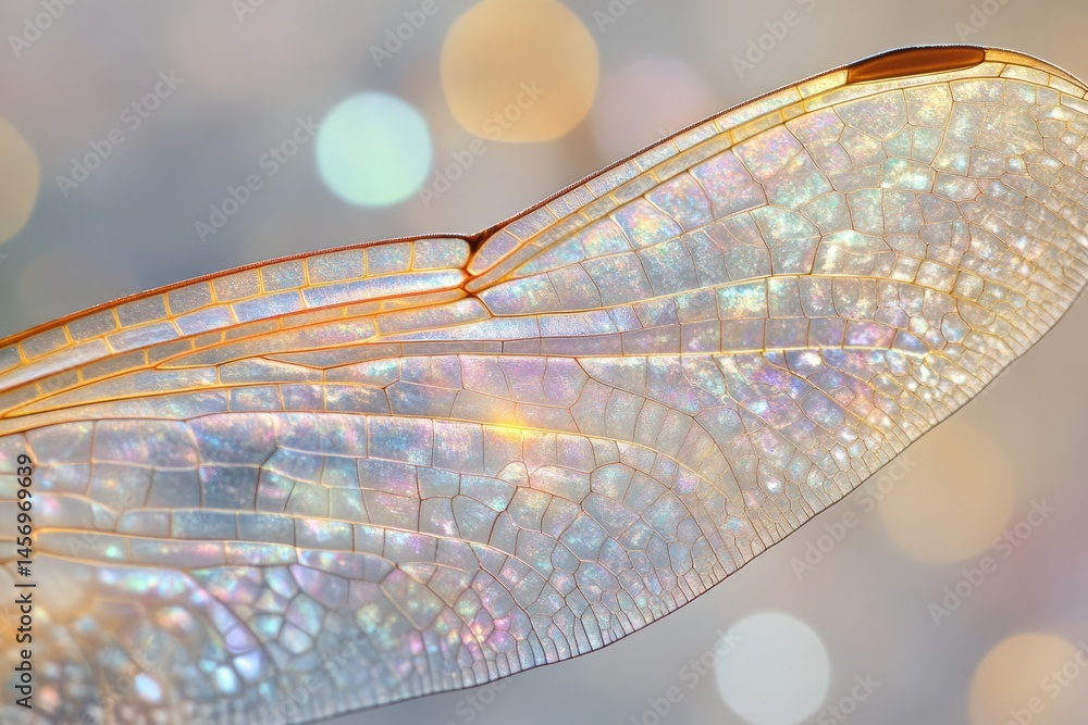 Poster a macro shot of a dragonfly's wing, showcasing the intricate venation and iridescent shimmering agai