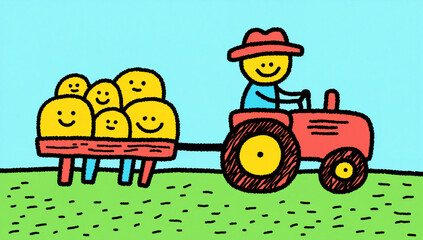 Happy farmer driving tractor with smiling crops