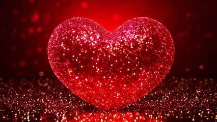 Obraz premium A red glittery heart on a dark red background.