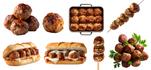 Set of Ground mince meat ball meatballs, sub sandwich bun, skewer stick, loaf oven pan, pile grilled baked, beef pork on transparent cutout PNG. Mockup template