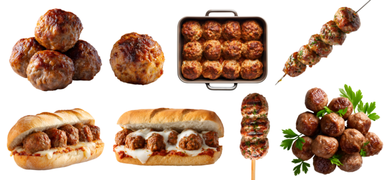 Set of Ground mince meat ball meatballs, sub sandwich bun, skewer stick, loaf oven pan, pile grilled baked, beef pork on transparent cutout PNG. Mockup template