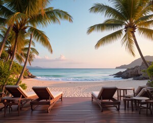 Obraz premium a serene beach scene with lounge chairs and tables arranged on a wooden deck. The sky is clear, suggesting it might be early morning or late afternoon when the sun is low in the sky.