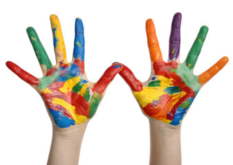 Paint covered hands with bright abstract colors