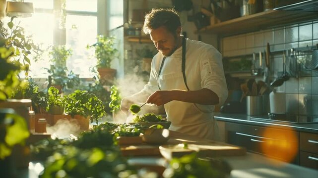 Chef preparing fresh herbs in sunny kitchen