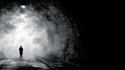 Fototapeta premium Lone traveler gazes into the mysterious tunnel illuminated by a distant light revealing an unknown journey