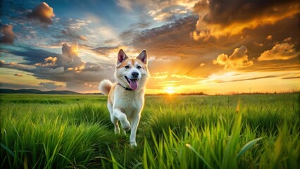 Happy Asian dog runs freely in green grass field with a dramatic sky above