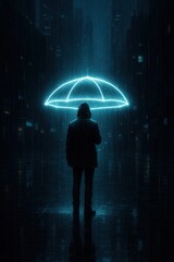Futuristic neon umbrella in rainy urban night scene