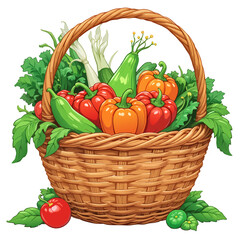 Colorful Bounty: An Illustration of a Wicker Basket Brimming with Bell Peppers, Scallions, and Leafy Greens
