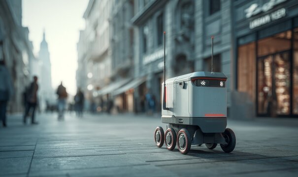 Autonomous Delivery Robot Navigating a Bustling Urban Street During the Daylight Hours